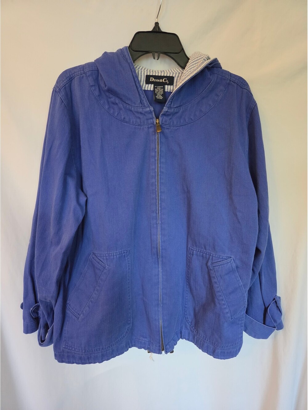 Denim & Co Womens XL Blue Cotton Hooded Zip Up Jacket Striped Lining